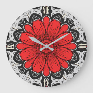 Geometric Daisy Pattern in Red Black & White Large Clock