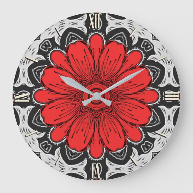 Geometric Daisy Pattern in Red Black & White Large Clock (Front)