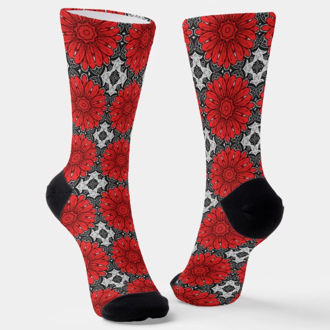 Geometric Daisy Pattern in Red Black & White    Socks (Angled)