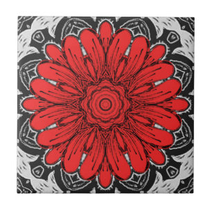 Geometric Daisy Pattern in Red Black & White    Tile