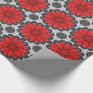 Geometric Daisy Pattern in Red Black & White    Wrapping Paper