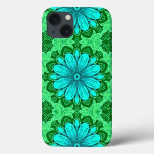 Geometric Daisy Pattern in Turquoise and Green iPhone 13 Case