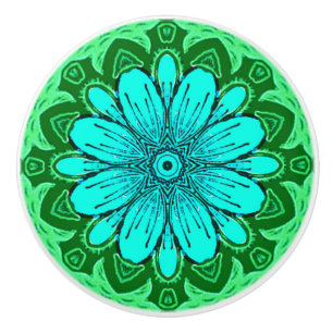 Geometric Daisy Pattern in Turquoise and Green Ceramic Knob