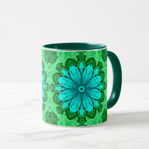 Geometric Daisy Pattern in Turquoise and Green Mug