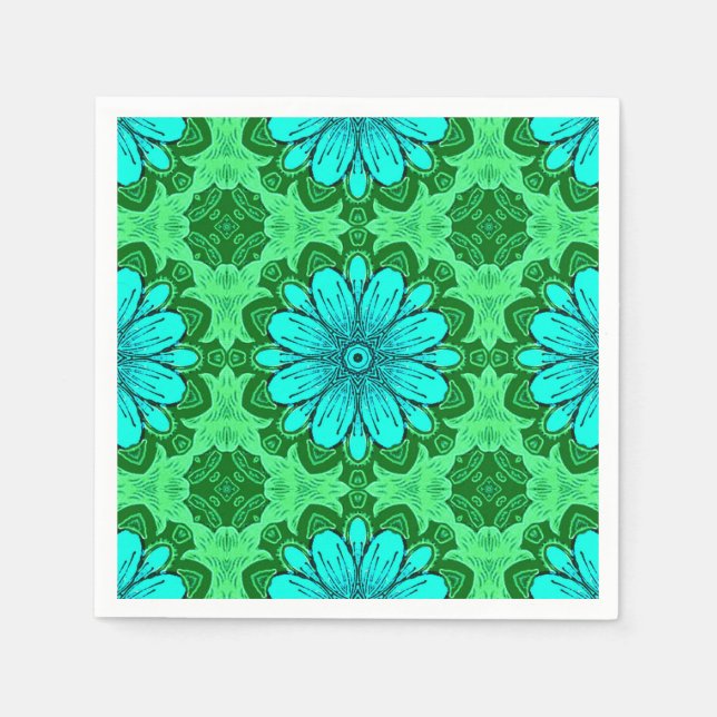 Geometric Daisy Pattern in Turquoise and Green Napkin (Front)