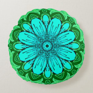 Geometric Daisy Pattern in Turquoise and Green Round Cushion