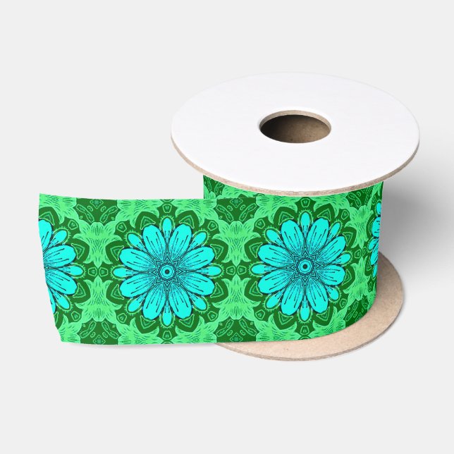 Geometric Daisy Pattern in Turquoise and Green Satin Ribbon (Spool)