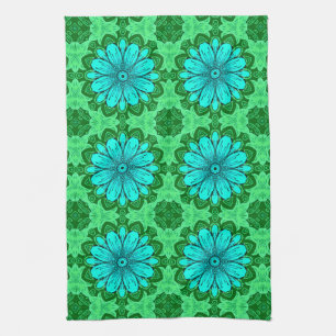 Geometric Daisy Pattern in Turquoise and Green   Tea Towel