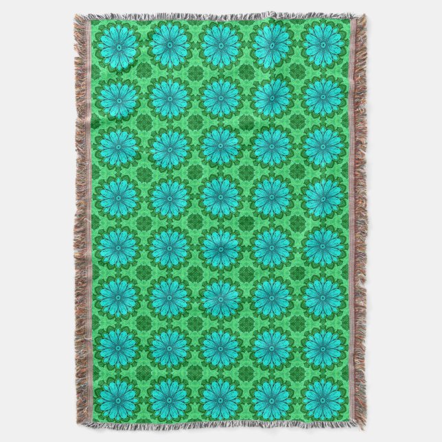 Geometric Daisy Pattern in Turquoise and Green   Throw Blanket (Front Vertical)