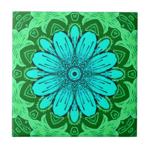 Geometric Daisy Pattern in Turquoise and Green   Tile