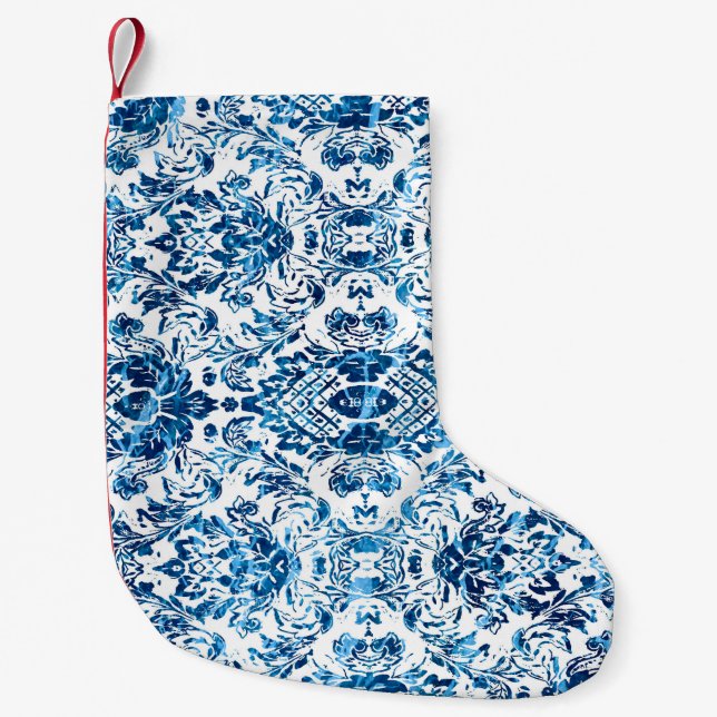 Geometric damask seamless pattern with grunge text small christmas stocking (Front)
