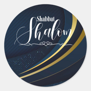 Geometric Dark Blue Gold Line Shabbat Shalom Classic Round Sticker
