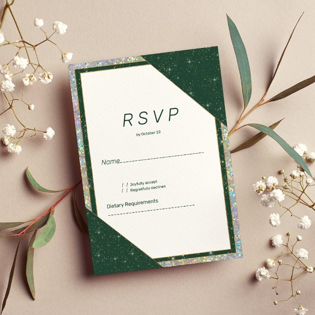 Geometric dark green gold sparkle glitter RSVP Invitation (Geometric dark green gold sparkle glitter RSVP)