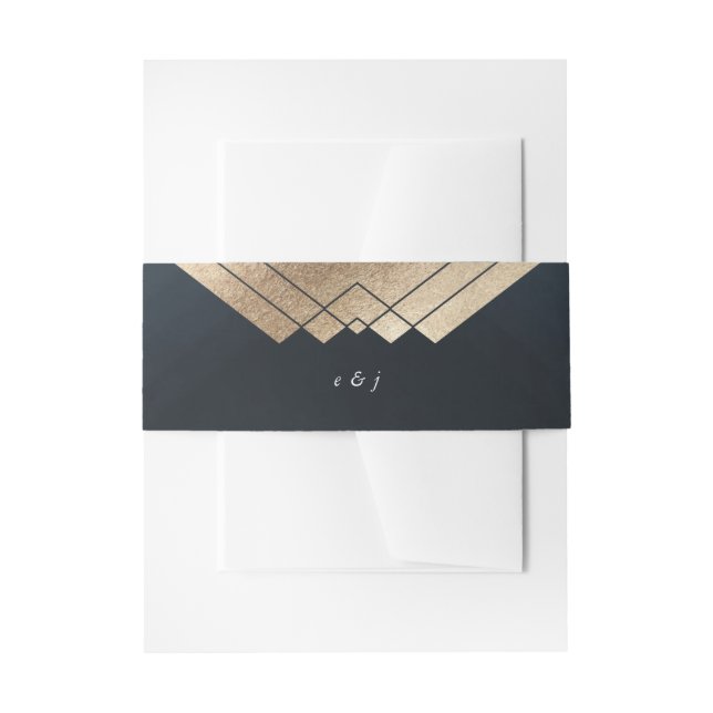Geometric Dark Navy Gold Gatsby Wedding Invitation Belly Band (Front Example)