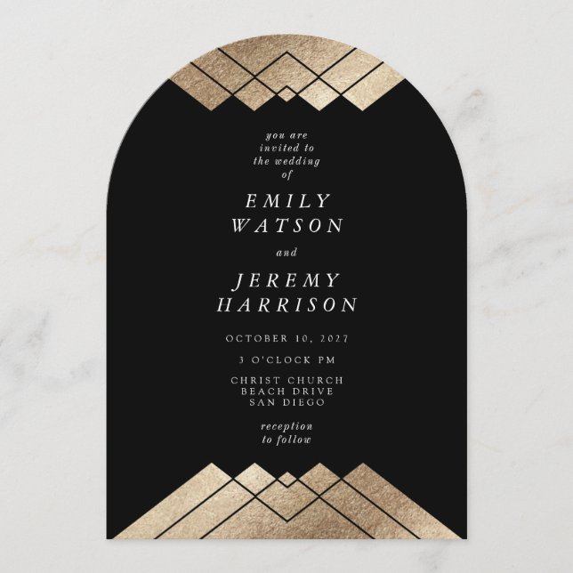 Geometric Deco Black Gold Gatsby Arch Wedding Invitation (Front)