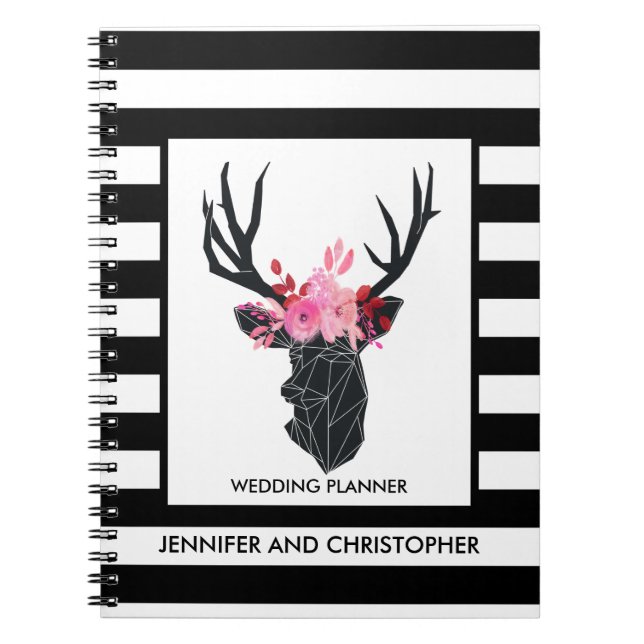 Geometric Deer Head & Floral Crown Wedding Plans Notebook (Front)