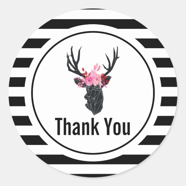 Geometric Deer Head on B&W Stripes Thank You Classic Round Sticker (Front)