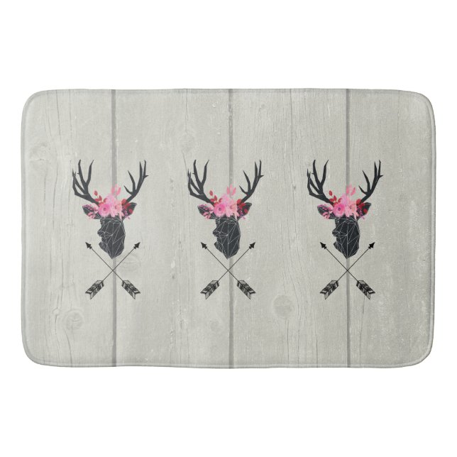 Geometric Deer Head w/ Floral Crown on Fake Wood Bath Mat (Front)