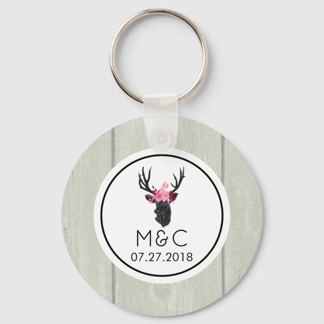 Geometric Deer Head w/ Floral Crown on Fake Wood Key Ring (Front)