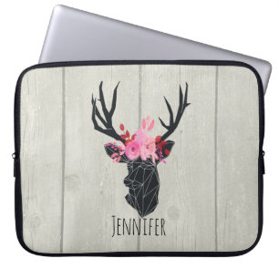 Geometric Deer Head w/ Floral Crown on Fake Wood Laptop Sleeve