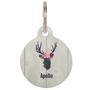 Geometric Deer Head w/ Floral Crown on Fake Wood Pet Tag