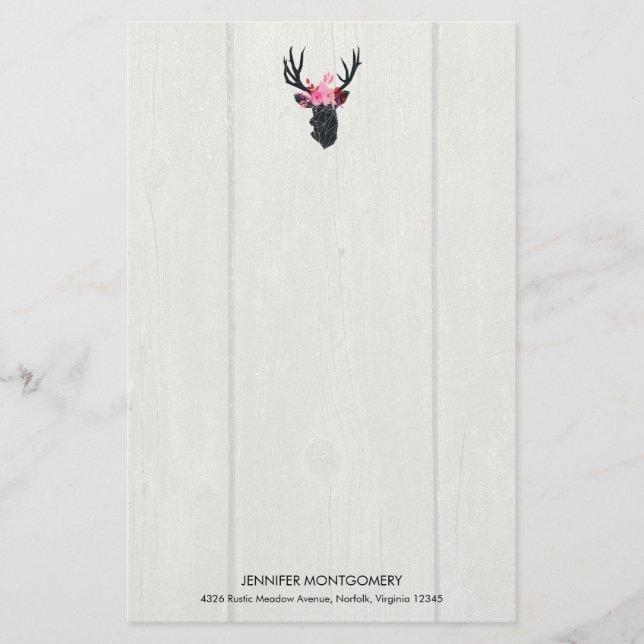 Geometric Deer Head w/ Floral Crown on Fake Wood Stationery (Front)