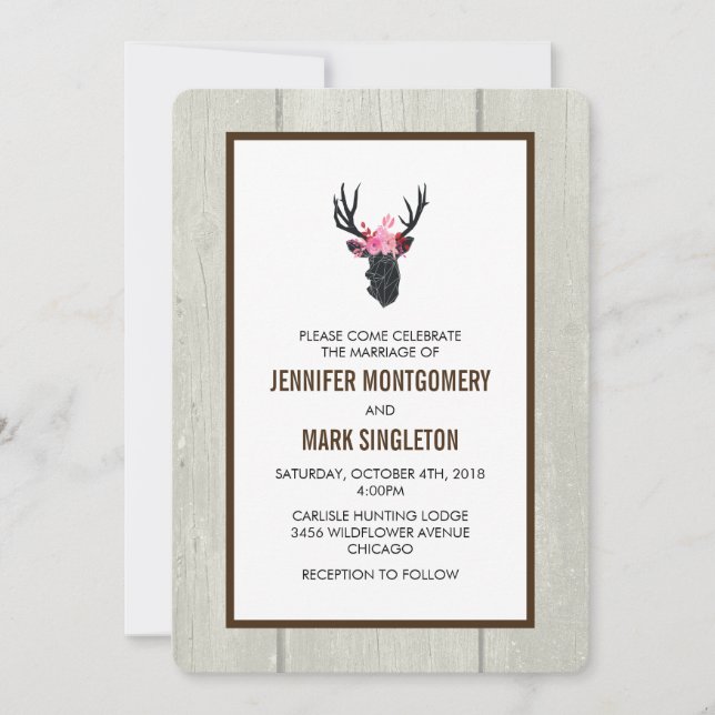 Geometric Deer Head w/ Floral Crown Rustic Wedding Invitation (Front)