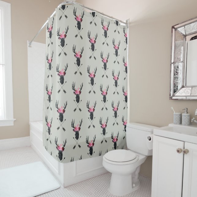 Geometric Deer Head w/ Flowers and Crossed Arrows Shower Curtain (In Situ)