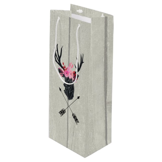 Geometric Deer Head w/ Flowers and Crossed Arrows Wine Gift Bag (Front Angled)