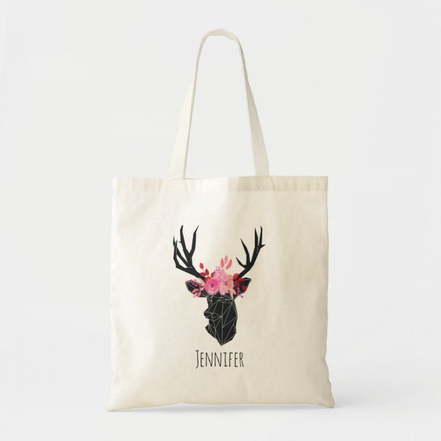 Geometric Deer Head with  Floral Crown Custom Tote Bag (Front)