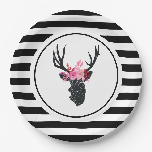 Geometric Deer Head with Floral Crown Paper Plate (Front)