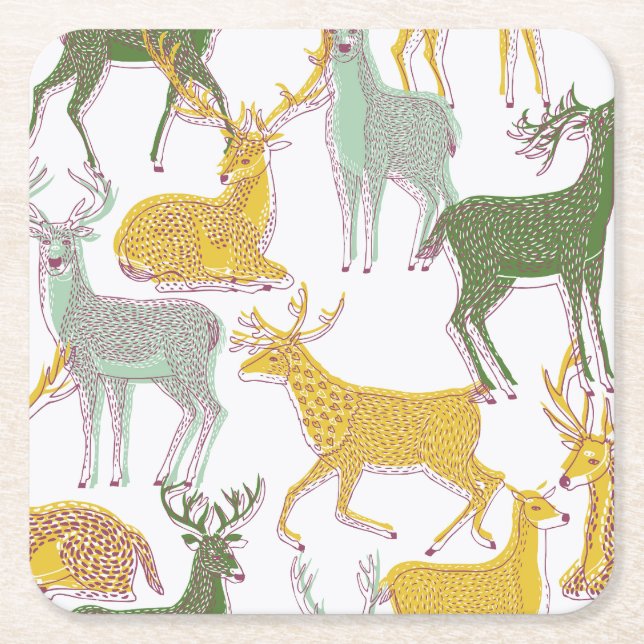 Geometric Deers: Traditional Pattern Illustration. Square Paper Coaster (Front)