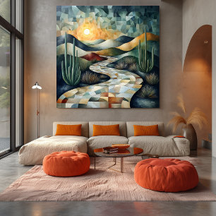 Geometric Desert Landscape with Cactus and Sunlit Canvas Print