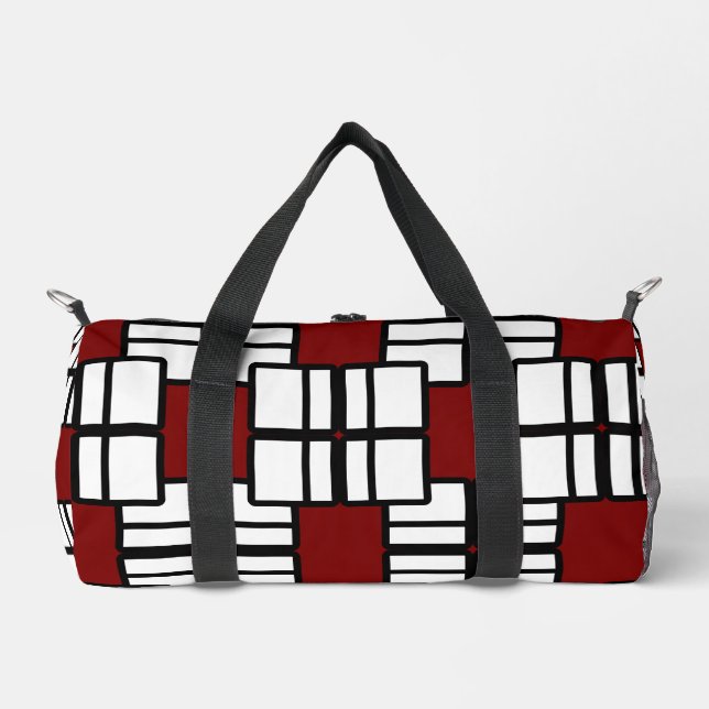 Geometric Design in Deep Red, White & Black Duffle Bag (Front)