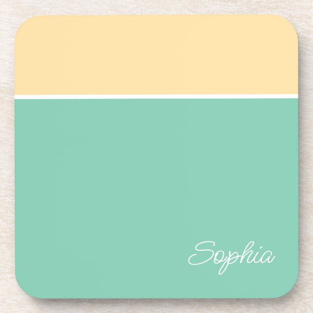 Geometric Design, Pale Yellow & Teal, Script Name Coaster (Front)