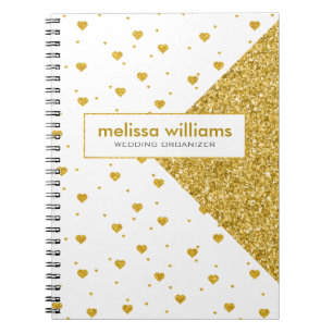 Geometric Design & White & Gold Hearts Pattern Spiral Notebook