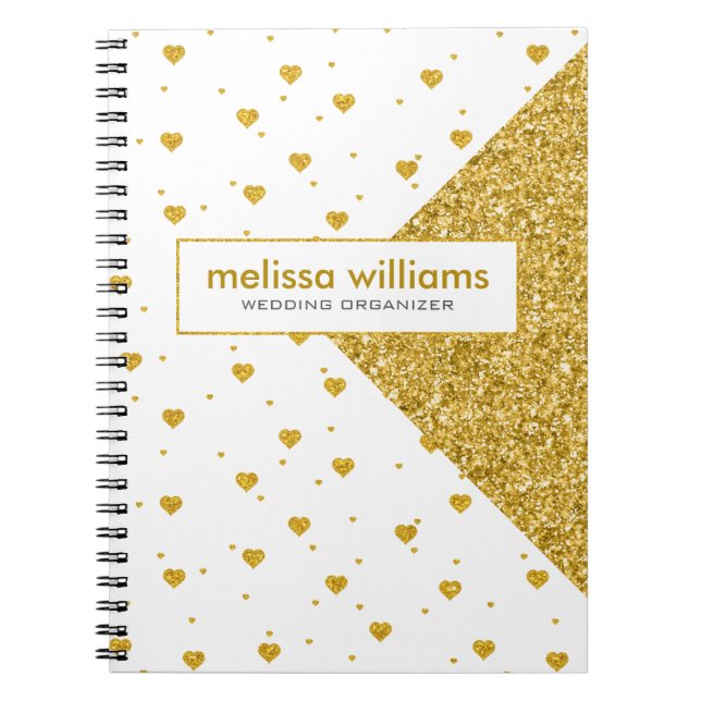 Geometric Design & White & Gold Hearts Pattern Spiral Notebook (Front)