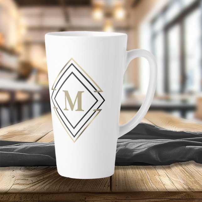 Geometric Diamond Frame Monogram Black/Gold ID617 Latte Mug (Creator Uploaded)