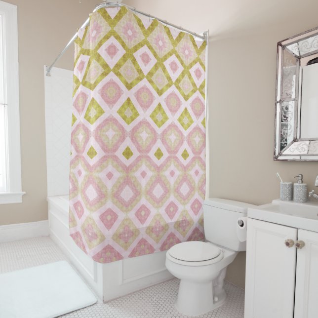 Geometric Diamond Pattern in Pink and Olive Green Shower Curtain (In Situ)