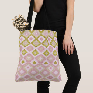 Geometric Diamond Pattern in Pink and Olive Green Tote Bag