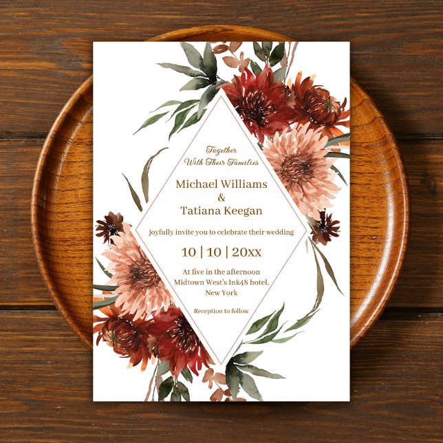 Geometric Diamond Terracotta Fall Floral Wedding Invitation (Creator Uploaded)