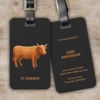 Geometric Drawing reddish brown Cow Luggage Tag