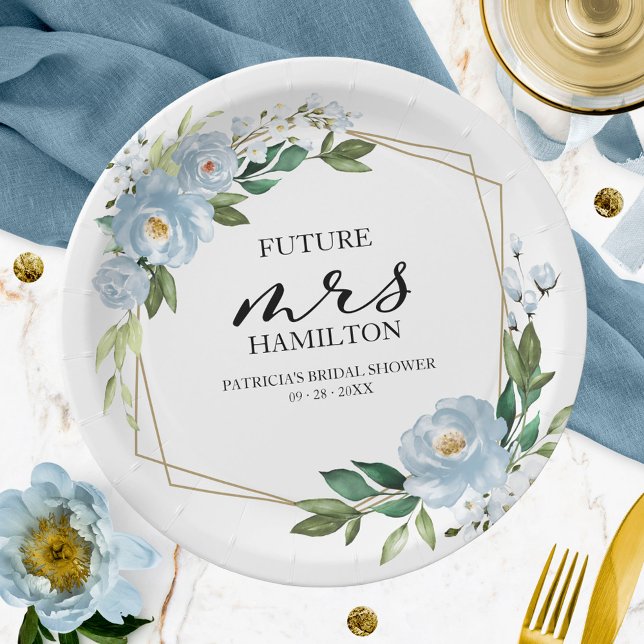 Geometric Dusty Blue Floral  Bridal Shower Paper Plate (Creator Uploaded)