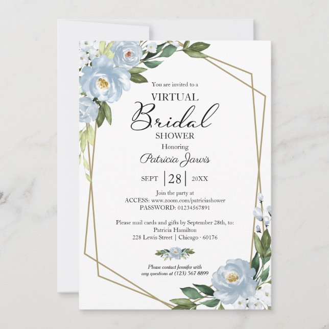 Geometric Dusty Blue Floral Virtual Bridal Shower Invitation (Front)