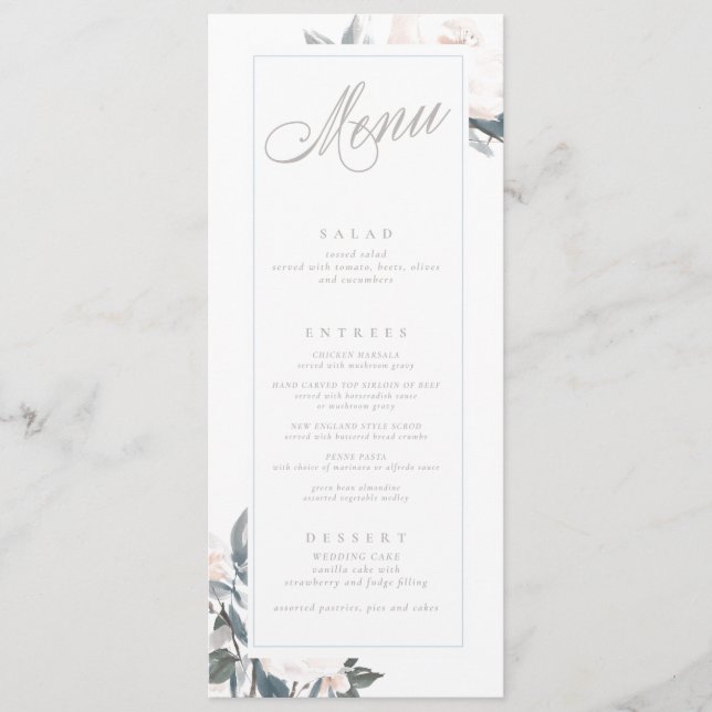 Geometric Dusty Blue Peony Wedding Menu (Front)