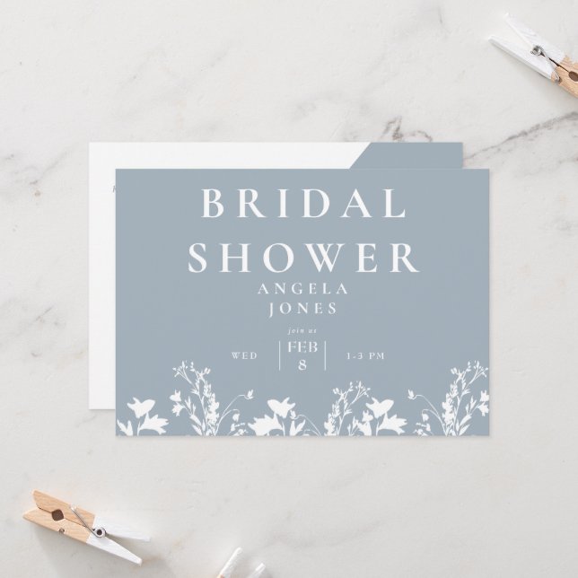 Geometric Dusty Blue White Floral Bridal Shower  Invitation (Front/Back In Situ)