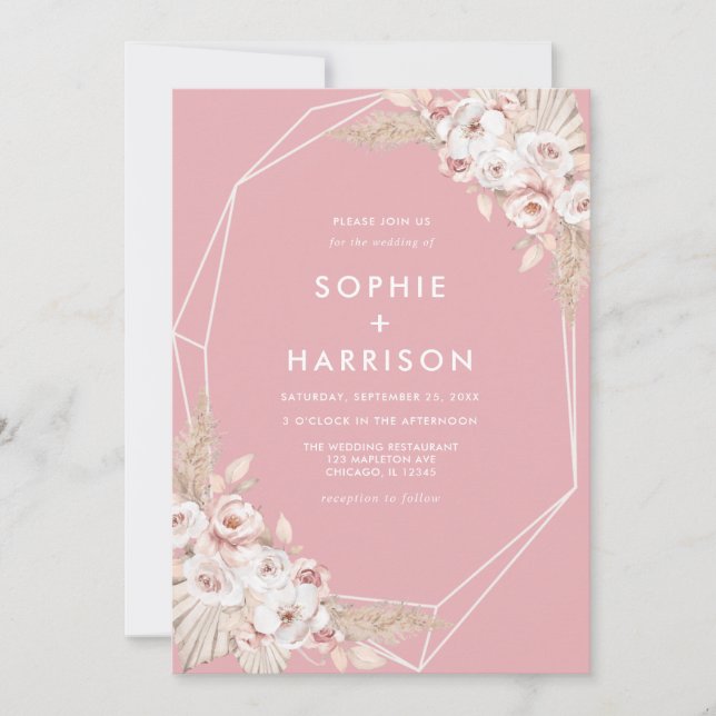 Geometric Dusty Rose Boho Pampas Grass Wedding Inv Invitation (Front)