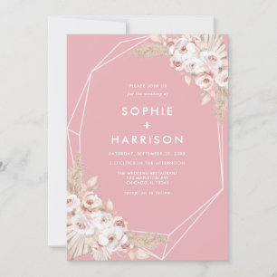 Geometric Dusty Rose Boho Pampas Grass Wedding Inv Invitation