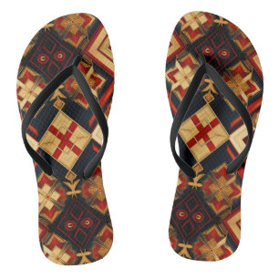 Geometric Elegance Seamless Pattern Red Gold Black Jandals