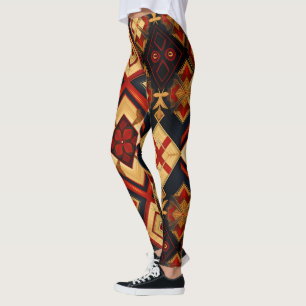 Geometric Elegance Seamless Pattern Red Gold Black Leggings